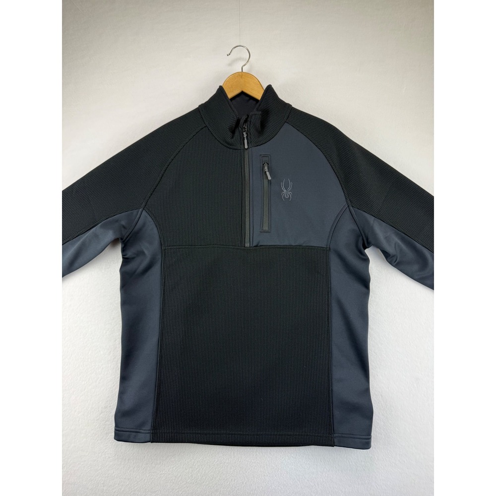 Spyder Quarter Zip Pullover Mens Large Gray‎ Black Fleece Waffle Knit Jacket